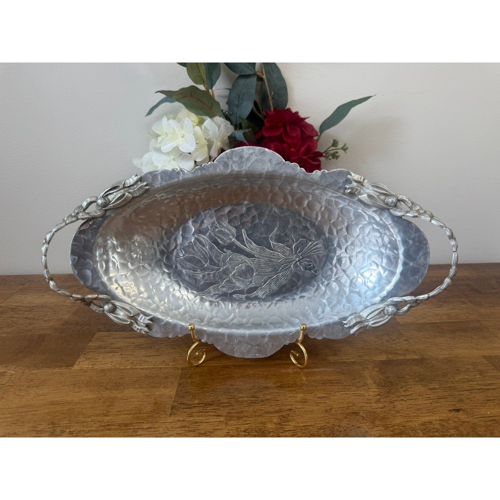 Vintage Rodney Kent Hand Wrought Aluminum Tulip‎ Serving Tray Art Nouveau Floral